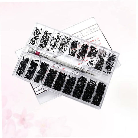 Top Shelf Miniature Small Screw Assortment Kit With Transparent Organizer Box And Tiny Machine Bolts, 18 black bolts in a clear case.