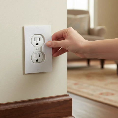 Hand installing Universal Foam Outlet Insulation Pads And Draft Sealer Gaskets For Electrical Outlets And Light Switch Covers 30 Pcs White EVA Foam Cut To Fit 2.5 X 4 Inches DIY Friendly Lightweight Weatherproof Wall Seal
