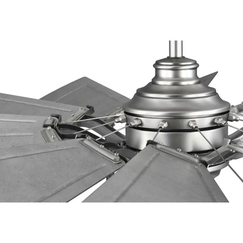 Close-up view of the Chic Slick Farmhouse Ceiling Fan With A Tough Antique Nickel Finish and Twelve Blade Windmill Design top angle.