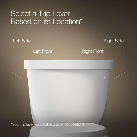 Diagram of toilet with labels for trip lever positions, showcasing options for Cimarron Left Hand Toilet Trip Lever In Matte Black.