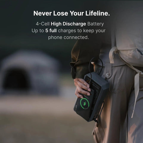 Person holding M7 SmartIgnition Jump Starter With Air Compressor, Portable Tire Inflator, 60Wh Power Bank next to a tent in the background.