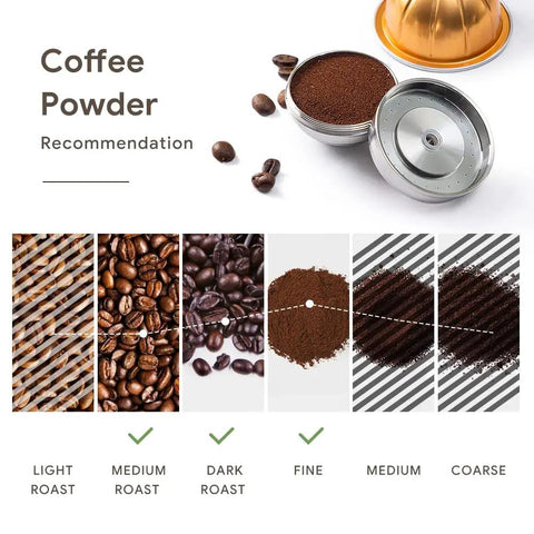 Reusable Stainless Steel Coffee Pods Kit for Nespresso Vertuo Next Plus POP VertuoLine Three Aluminum Shells 230ml Capacity Eco Friendly Refillable Capsules With Scoop And Brush showing coffee grinding recommendations.