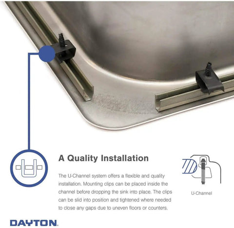 Close-up of U-channel system on a Single Bowl Drop-In Stainless Steel Kitchen Sink 25 By 22 By 6.56 Inches installation