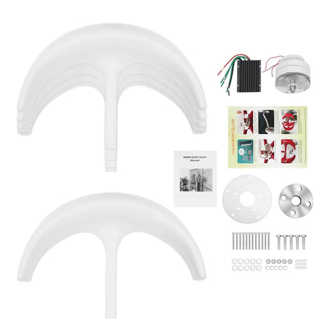 Components of 600W Vertical Axis Wind Turbine Kit With 12V System including five blades, controller, and installation guide.