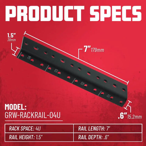 Rugged Steel Rack Rail Set For 4U Rack Size With Pre Threaded Cold Rolled Steel Construction, showing dimensions and model GRW-RACKRAIL-04U.