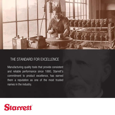 Historic image of a workshop with Starrett branding, showcasing the legacy of precision tools since 1880.