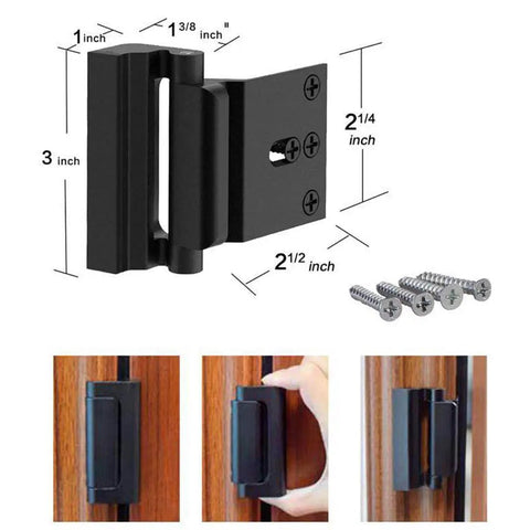 Heavy Duty Door Reinforcement Locks 4 Pack Tough As Nails Built To Last With 16 Screws Childproof Night Lock Stopping External Entry Up To 800 Lbs Black Home Security Upgrade For Toddlers And Nighttime Safety, shown installed and with dimensions and screws