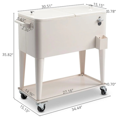 80 Quart Rolling Ice Chest Cooler Cart For Patio Parties Party Ready Stand Up Beverage Trolley With Shelf Beige Finish