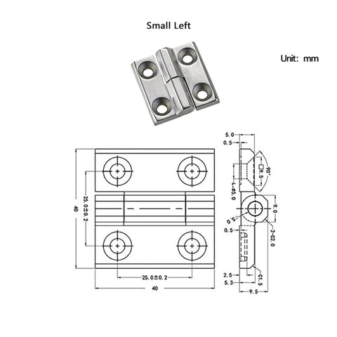 Heavy duty stainless steel machinery hinge with diagram for industrial equipment, small left-hand hinge with precise measurements in mm.