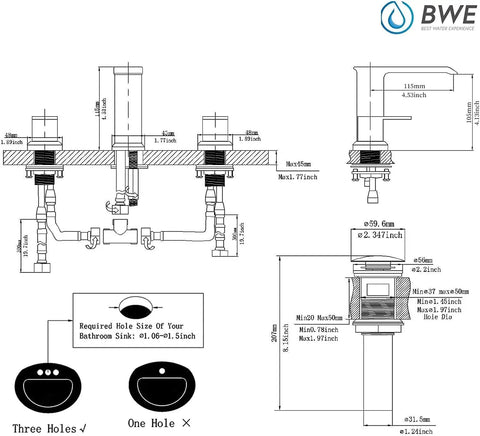 Technical drawing of Waterfall Bathroom Faucet With Black And Brushed Gold Finish 8 Inch 3 Hole Vanity Sink Mixer dimensions.
