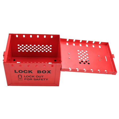 Heavy Duty Lockout Tagout Box for Group Lockout, 12 Padlock Capacity, Industrial Grade Steel, Red Portable LOTO Lock Box