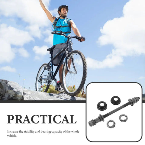 Bicyclist on rocky trail with inset of 180Mm Rear Bicycle Axle For Mountain Bikes Grey Steel Hub With Ball Bearings Durable Shaft.