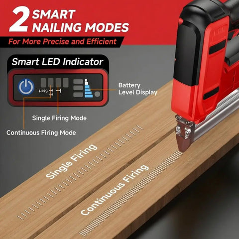 Close-up of Heavy Duty 2 In 1 Cordless Brad Nailer And Stapler showing smart LED indicator and firing modes on wood surface.