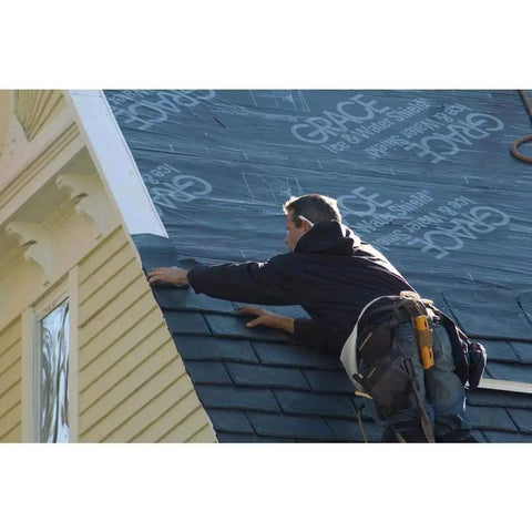 Gotta Have This Top Grade Ice And Water Shield Roofing Underlayment Self Adhered Membrane being installed on a sloped roof.