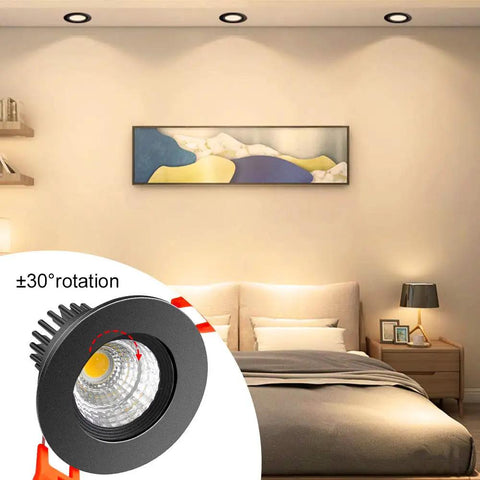 Bedroom with 2 Inch LED Downlight Recessed Lighting 3W COB Dimmable Warm White 3000K CRI 80 Black Trim Ceiling Lights