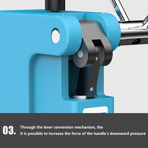 Close-up of Precision Manual Arbor Press Featuring Smooth Lever Action 1 Ton Capacity Metal Punch Tool showing lever mechanism for increased pressure.