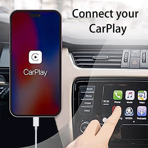 CarPlay USB C Cable For iPhone 17 16 15 Charger Cord connected to a car's infotainment system displaying CarPlay interface.