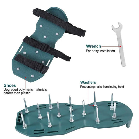 Spiked Lawn Aerator Shoes With Adjustable Straps For Yard And Garden showing spikes, straps, wrench, and washers.