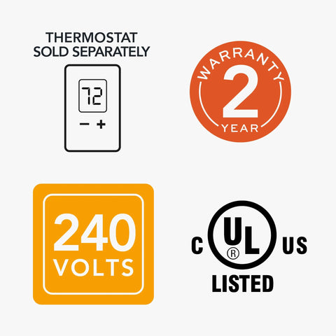 Thermostat icon, 2-year warranty badge, 240 Volts sign, and cULus listed logo for Electric Wall Heater Assembly Without Thermostat For CS152