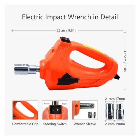 Rock Solid Electric Car Jack Kit Lifting Five Ton Loads With Effortless Twelve Volt Hydraulic Pressure Comes Loaded With An Inflatable Pump And Torque Wrench For Easy Peasy Tire Swaps And Road Warrior Fixes, featuring an orange electric impact wrench with comfortable grip and adjustable settings.