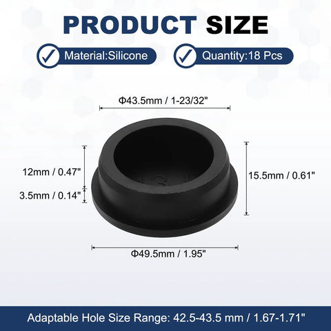 18 Piece T Shaped Silicone Plugs 43.3mm Diameter Snap In Hole Seal Round Rubber Stopper For 42.5 To 43.5mm Holes