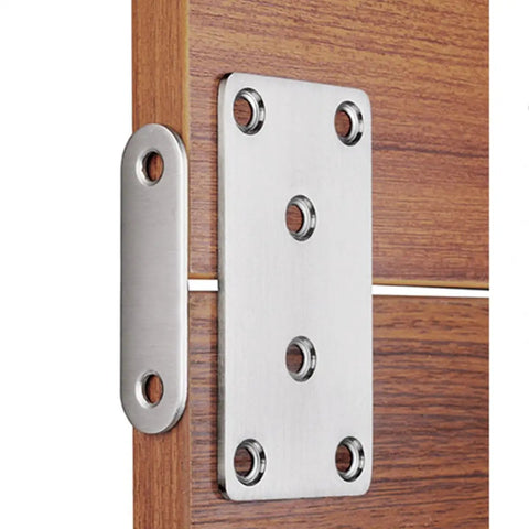 Stainless Steel Brace Plates Set With Screws, Corrosion Resistant Flat Corner Joining Plates For Table And Furniture Repair on wood surface.