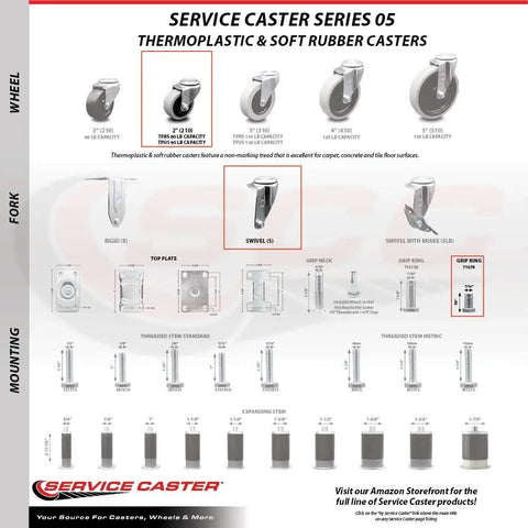 Service Caster Series 05 featuring various heavy duty swivel and rigid caster wheels, including a 2 Inch model.