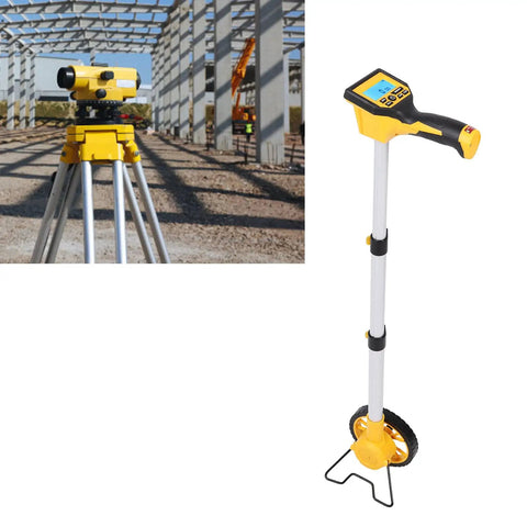 Yosoo Health Gear Digital Measuring Wheel With Backlit Display alongside a surveying instrument on a construction site.