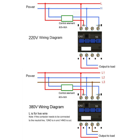 220V and 380V wiring diagrams for Pro Grade Heavy Duty AC Contactor 18A DIN Rail Mount Normally Open Electric Motor Starter With Pure Copper Coil