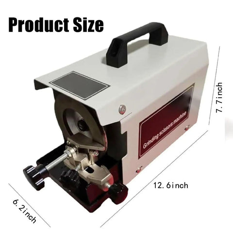 Professional Grade 220W Electric Scissors Sharpener That Crushes Dull Blades And Delivers Razor Sharp Results For Tailors And Seamstress Pros Seeking A Steady Workhorse To Keep Their Tools Sickly Sharp Daily, showcasing dimensions of 12.6x6.2x7.7 inches.