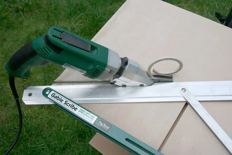 30 Inch Angle Measuring Tool For Gable Scribe Aluminum Contractor Grade Tool Helps Pros Nail Precise Cuts In Siding And Paneling From 0 To 90 Degrees With Durable Aluminum Construction And Accurate Angle Finder For Fiber Cement Siding And Boards on a workbench with power tool nearby