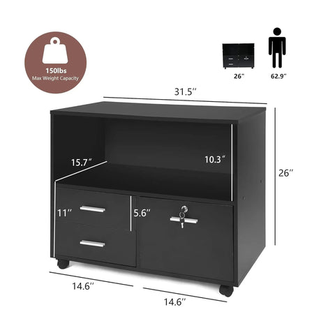 Slick Three Drawer File Cabinet With Secure Lock, Smooth Rollin Office Storage Unit Packed With Handy Shelves And Tough Printer Stand, Matte Black Build With No Sweat Assembly, dimensions shown.