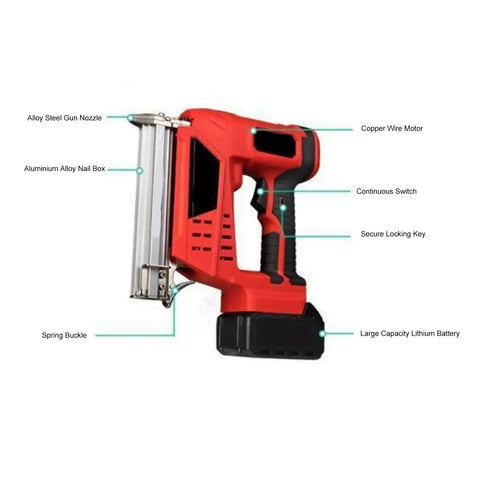 Cordless Brad Nailer And Staple Gun Combo Battery Powered Electric Nail Tool With Dual Fire Modes, showing side features and design details.
