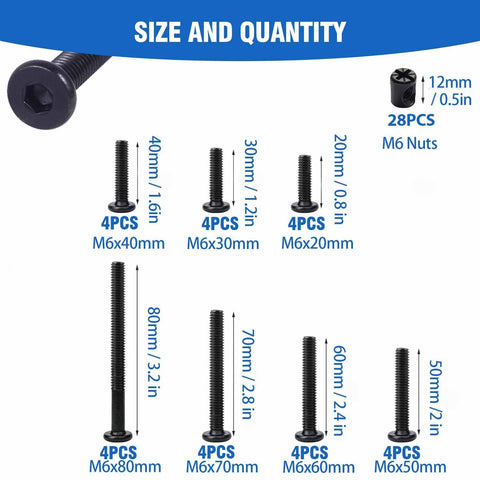 Crib Hardware Replacement Kit With 28 M6 Stainless Steel Hex Socket Bolts And Zinc Barrel Nuts shown in varied sizes from 20mm to 80mm