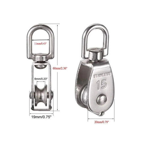Heavy Duty 304 Stainless Steel Cable Pulley Wheel Set For Lifting M15 Single Rotating Rope Pulley Roller 360 Degree Rotation Includes 2 Pieces Corrosion Resistant Rugged And Easy To Use For Tough Jobs, M15 304 stainless steel pulley with 20mm width