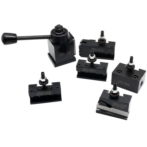 Six Piece Quick Change Tool Post Set For Lathe With 250-000 Wedge Type Post And 250-001 250-002 250-004 250-007 250-010 Tool Holders