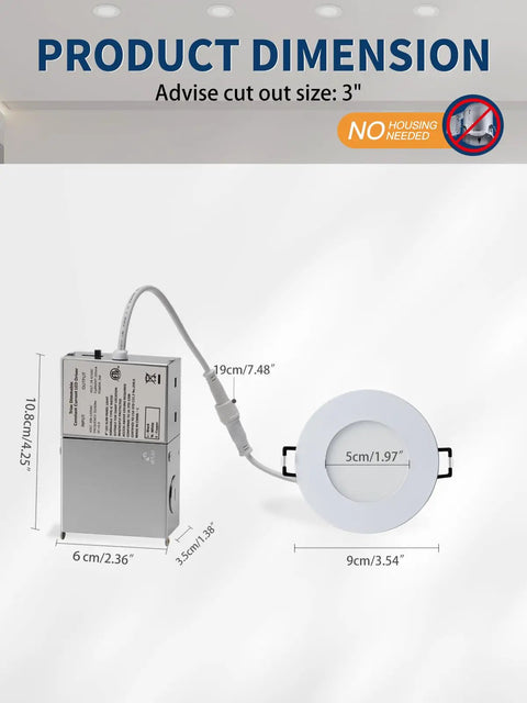 Product dimensions of 6 Inch LED Recessed Slim Downlight Canless Ceiling Lights With Junction Box IC Rated ETL Dimmable 12W 1027lm Warm White 3000K Black Finish Damp Location 6 Pack Easy Install