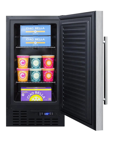 Heavy Duty Stainless Steel Upright Freezer Thirty Two Inch ADA Height With Digital Thermostat And Secure Factory Lock showing gelato inside.