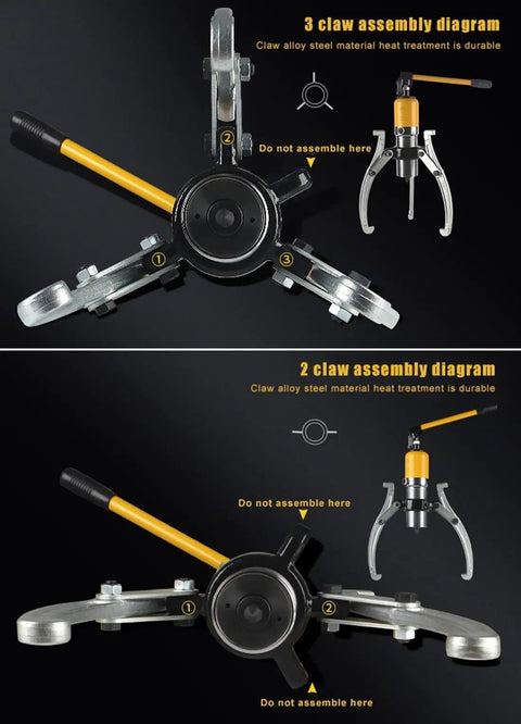 Diagram showing 3 claw and 2 claw assembly for Heavy Duty Hydraulic Gear Puller And Bearing Separator.