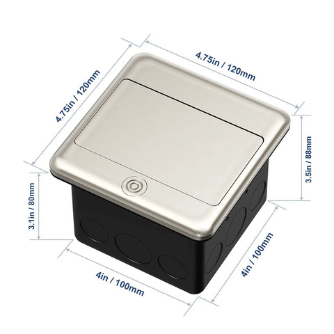 Pop Up Floor Electrical Outlet With 20 Amp GFCI, Stainless Steel Hidden Countertop Box, tamper resistant, dimensions shown