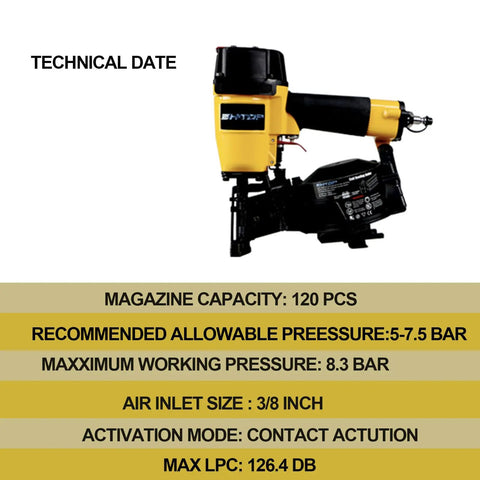 15 Degree Roofing Nailer For Pros And DIYers, Three Quarters Inch To One And Three Quarters Inch Wire Collated Nails, 120 Count Coil Nail Gun, Low Recoil, Orange Heavy Duty Roofing Tool with specifications.