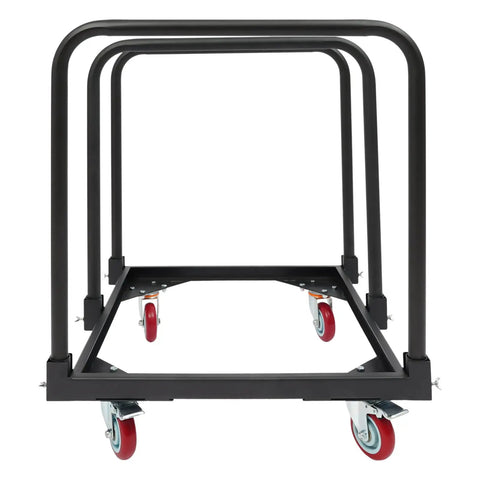 Heavy Duty 3 Pole Panel Cart With 200 Lbs Capacity Folding Table Truck And Locking Swivel Wheels, black steel frame with red caster wheels.