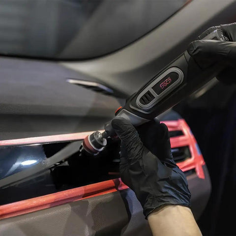 Cordless Detail Polisher Kit 12V Rotary Tool With Battery 5000 To 25000 RPM Pro Grade Car Buffing Polishing Sanding in use on dashboard