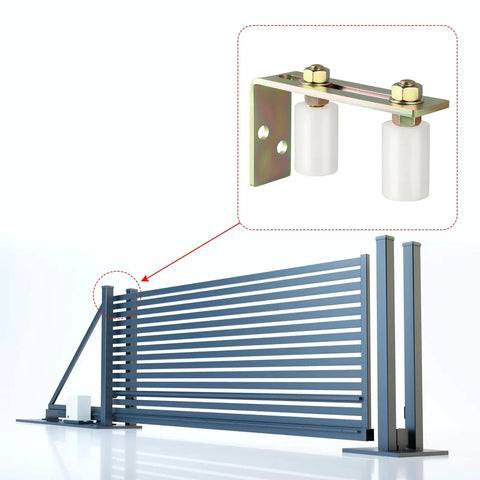 Slide Gate Guide Roller With L Post Bracket Dual Nylon Rollers for Rolling Gate and Fence, shown installed on gate post.