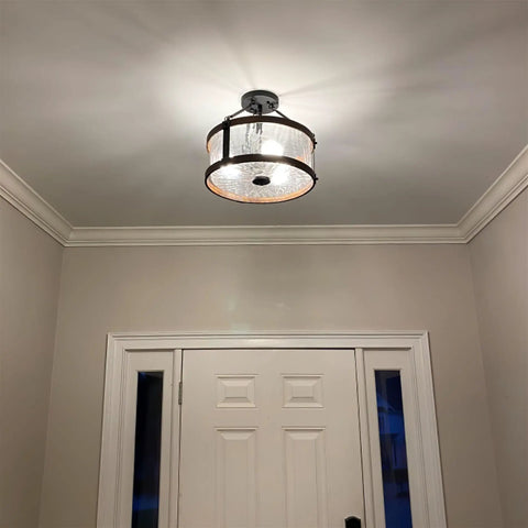 Rustic Farmhouse 14 Inch 3 Light Semi Flush Mount Ceiling Light With Crackle Glass Shade in a hallway setting