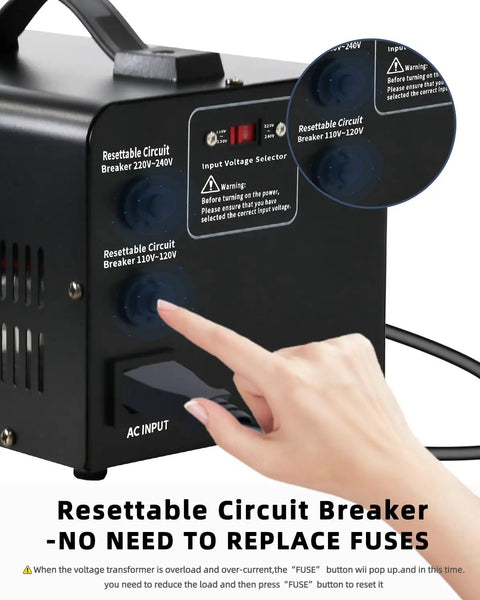 Hand activating resettable circuit breaker on Go-To 1000W Step Up Down Voltage Transformer for small appliances