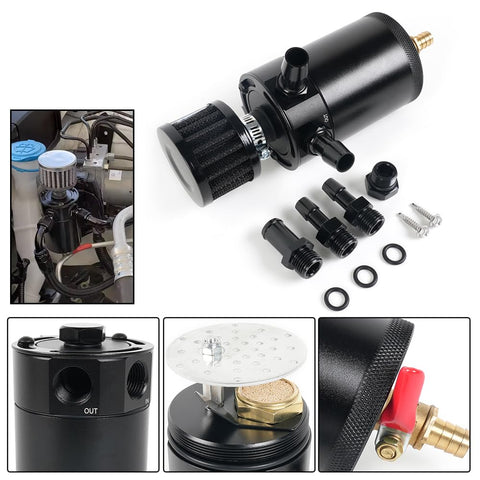 Universal Billet Aluminum Oil Catch Can Kit With 2 Port Breather Filter, installation detail and components