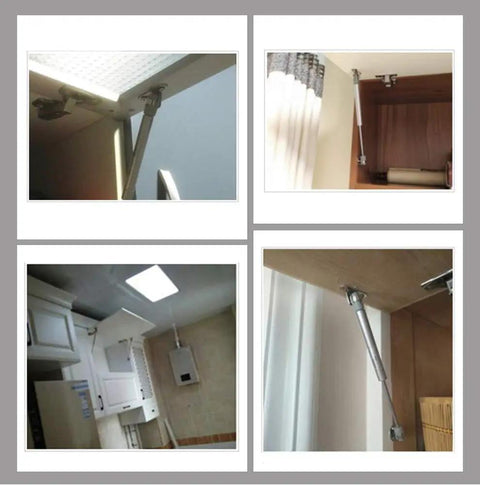Gas Strut Cabinet Lid Support Kit For Soft Close Cabinet Doors 150N 33lb 15kg 2 Pack Easy Install Lift System shown in various installations