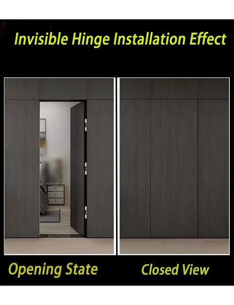 Invisible hinge installation effect showcasing open and closed states of 3 Pack Black Concealed Hinges For Invisible Secret Doors Heavy Duty Steel Hidden Hardware 180 Degree Adjustable Silent Room Divider Fittings No Sweat Setup Rock Solid Performance.