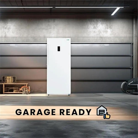 14 Cubic Foot Upright Freezer Refrigerator In Stainless Steel, Convertible Frost Free Cabinet in garage setting.
